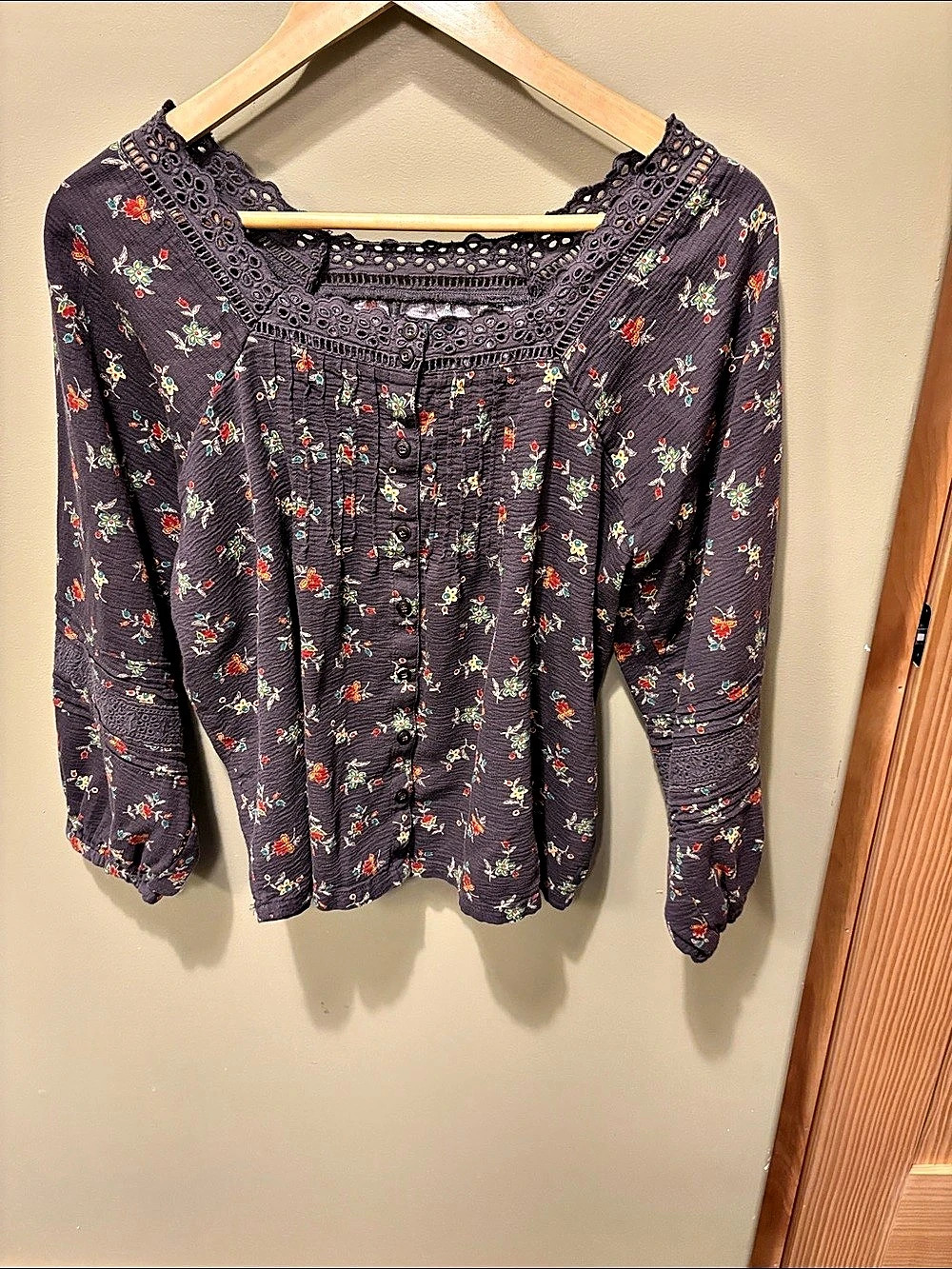 TOAD&CO Manzana Peasant Long Sleeve Shirt Gray & Red XS